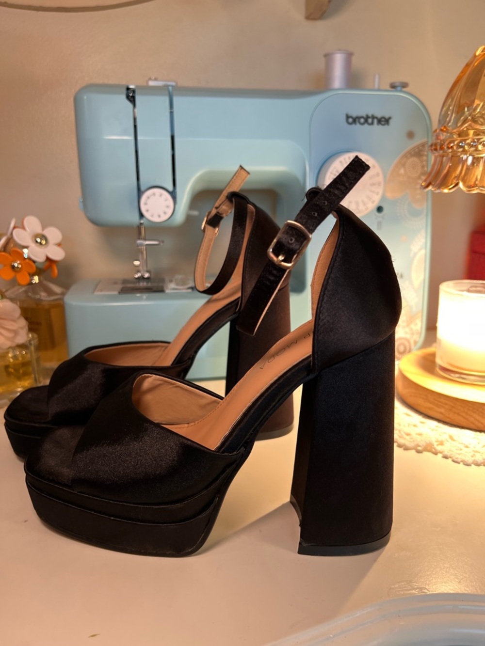 TOP Moda Black Satin Platform Block Heel Sandals with Ankle Strap